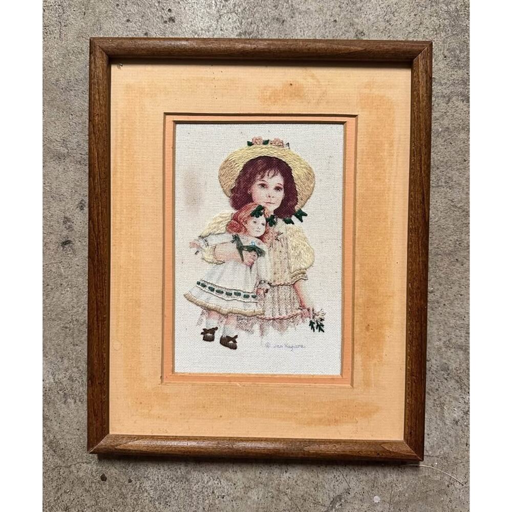 Jan Hagara Needlepoint – Girl with Doll – Vintage Framed Embroidery – 11” x 9”